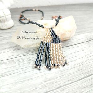 Dainty Beaded Fringe Choker Necklace, Seed Bead Jewelry, 13"